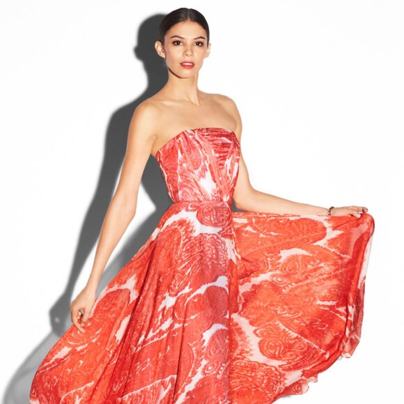 Milly Monica Silk Chiffon Strapless Paisley Maxi Dress Poppy Orange - Picture 2 of 10